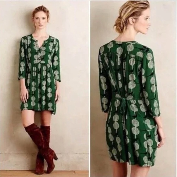 Maeve Dresses & Skirts - Maeve Green Bird Print Tie Waist Dress Size Small Anthropologie Boho